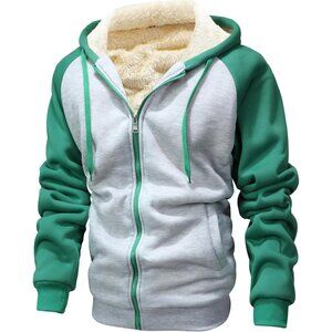 Men 975gray Green Hooded Zip-Up Winter Jacket with Plush Fleece Lining.